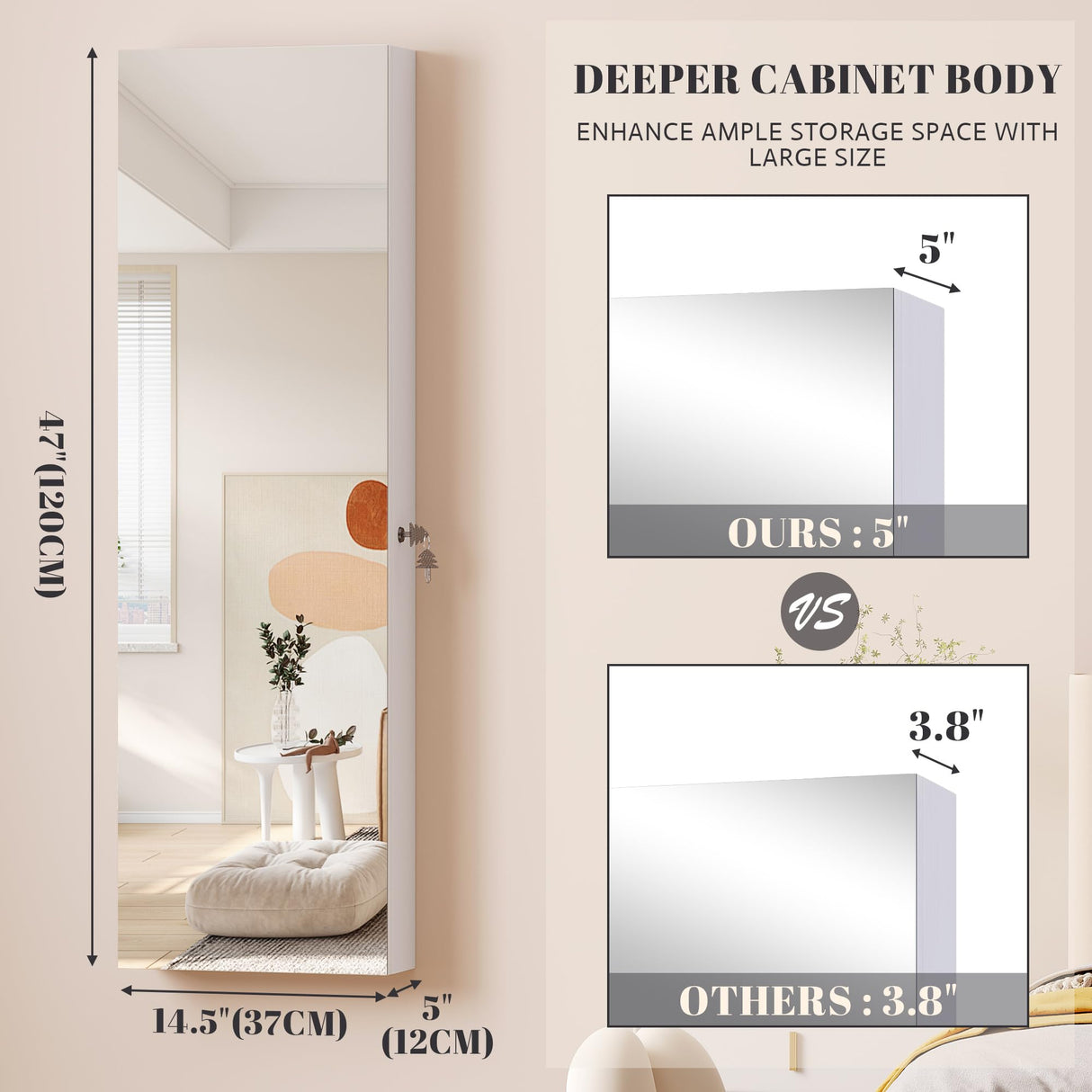 Vlsrka 47.2" LED Jewelry Mirror Cabinet, Wall/Door Mounted Jewelry Armoire Organizer with Full-Length Mirror, Large Capacity Storage Hanging Cabinet, 4 Drawers, 5 Shelves, Built-in Lighted Mirror Vlsrka