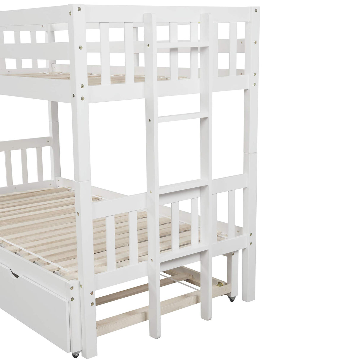 KLMM Twin Over Pull-Out Bunk Bed with Trundle, Wooden Twin Over Twin/Full/Queen/King Accommodate 4 People Extendable Bunk Beds with Ladder and Safety Rail (White) KLMM