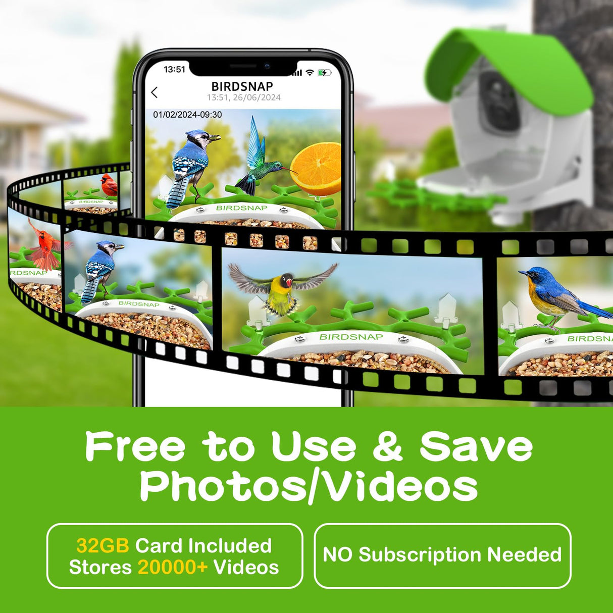 birdsnap® MON - Bird Feeder with Camera, 2K Detachable Camera Bird House with 32GB Card, AI Identify Bird Species, Live View, Auto Record Videos in Backyard, Ideal Gift for Bird Lover birdsnap