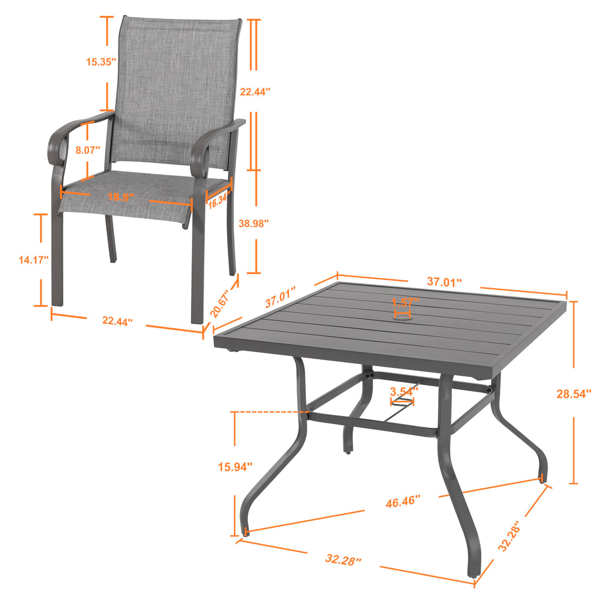 NUU GARDEN Outdoor Patio Dining Set 5 Piece Furniture Set Including Square Outdoor Dining Table with 1.57" Umbrella Hole and 4 Gray Textilene Chairs for Garden, Patio and Poolside Backyards NUU GARDEN
