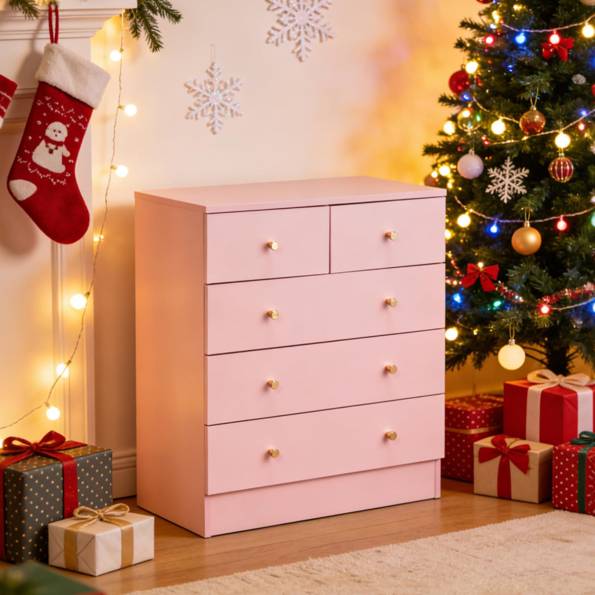 Karl home Pink 5 Drawer Dresser for Bedroom, Modern Wood Dresser Chest of Drawers, Pink Bedroom Dressers for Girls, Anti-Tipping Device, Rose Gold Metal Handle, Living Room, Entryway, Hallway, Office Karl home