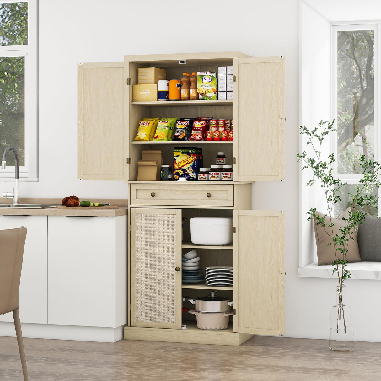 YHAOWORKS Kitchen Pantry Storage Cabinet - Rattan 4 Doors 1 Drawer Tall Cabinet with Adjustable Shelf and 6 Shelves, 72'' Freestanding Cupboard for Living Room, Dining Room, Bathroom (Natural) YHAOWORKS