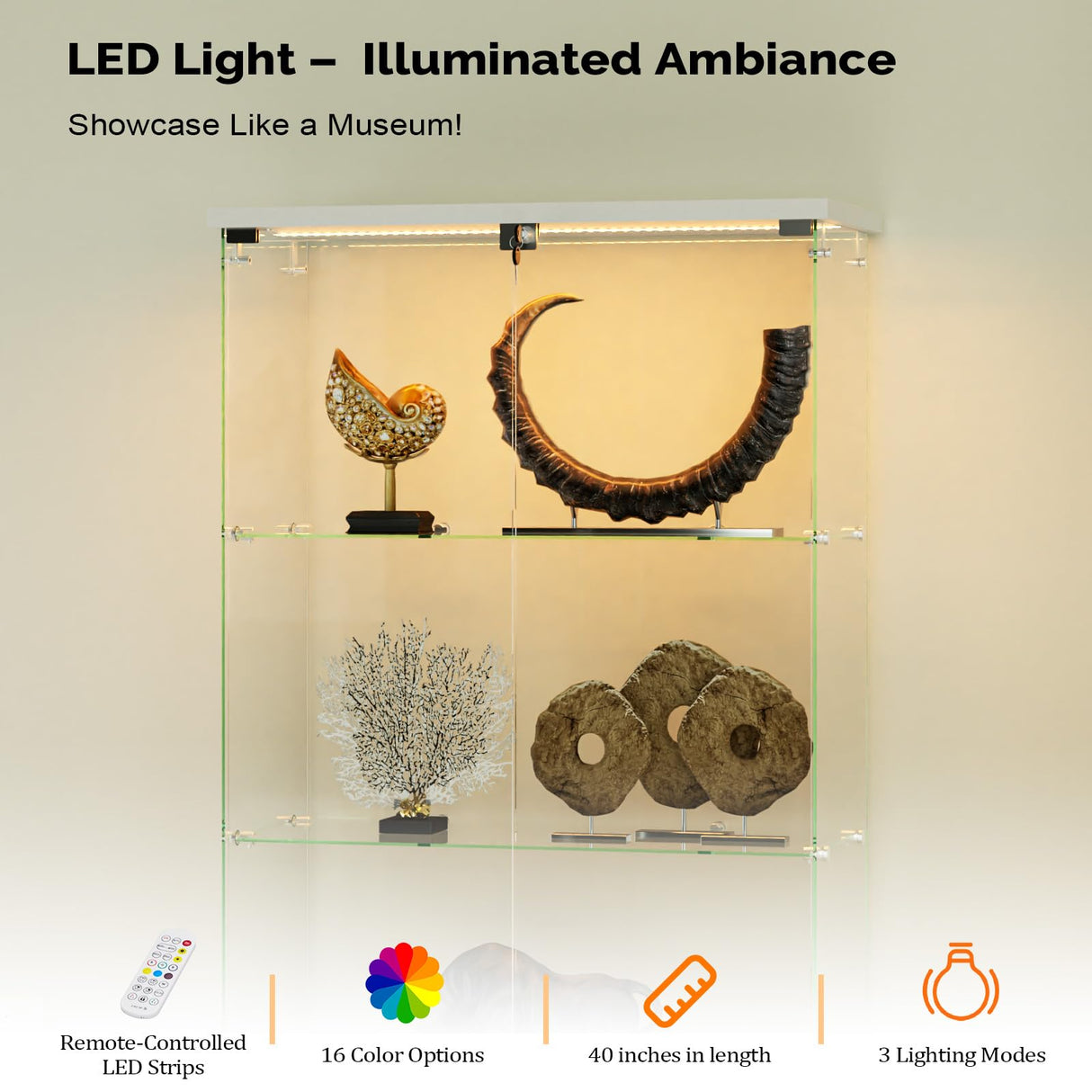 VINGLI Glass Display Cabinet with 3 Shelves, Double Doors and Lock, Floor Standing Curio Cabinets with LED Light, Upgraded Tempered Glass Bookshelf, for Living Room Living Room Bedroom Office, White VINGLI