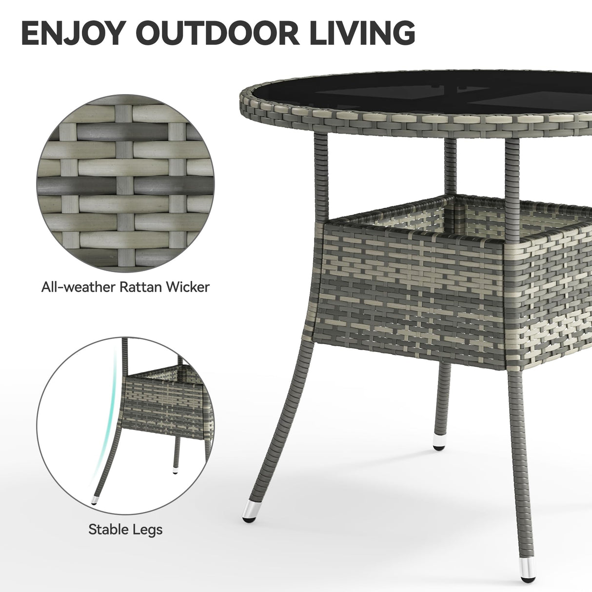YITAHOME 31.5" Patio Table for 4-Person, Outdoor Patio Wicker Round Dining Table, All-Weather Rattan Bistro Dining Table w/Glass Tabletop for Backyard Deck Porch Poolside, Gray YITAHOME