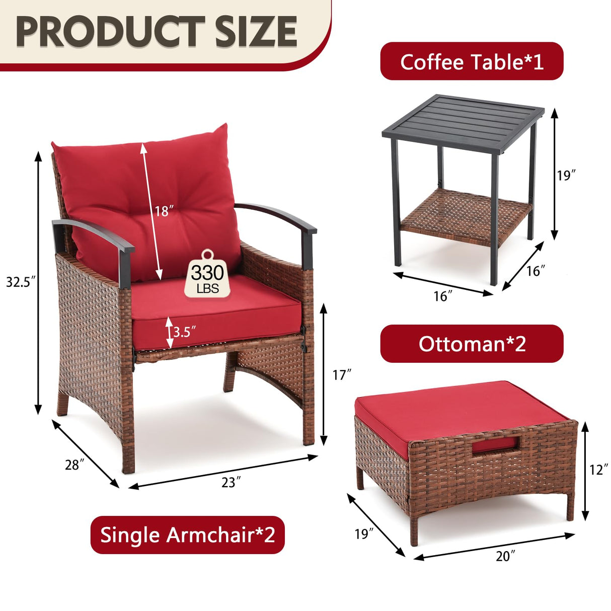 AVAWING 5 Pieces Patio Furniture Set, Outdoor Rattan Chairs with Metal Coffee Table, Ottomans & Soft Cushions, Wicker Conversation Bistro Set for Garden, Porch, Deck, Balcony (Red) AVAWING