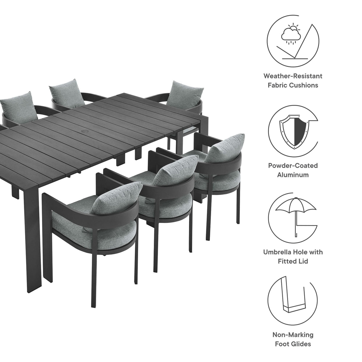 Modway Tahoe Outdoor Patio Powder-Coated Aluminum 9-Piece Dining Set in Gray Gray - Rectangular Patio Furniture Set for 8 - Outside Table with Umbrella Hole and Cushioned Chairs - Modern Patio Set Modway