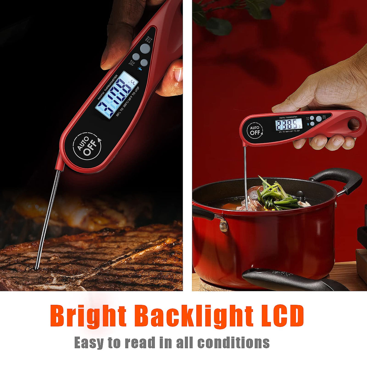 Sangaotian Digital Meat Thermometer, Instant Read Cooking Thermometer with Backlight, Magnet, Waterproof & Foldable, Fast & Precise, Ideal for Deep Fry, BBQ & Roast Turkey,Red sangaotian