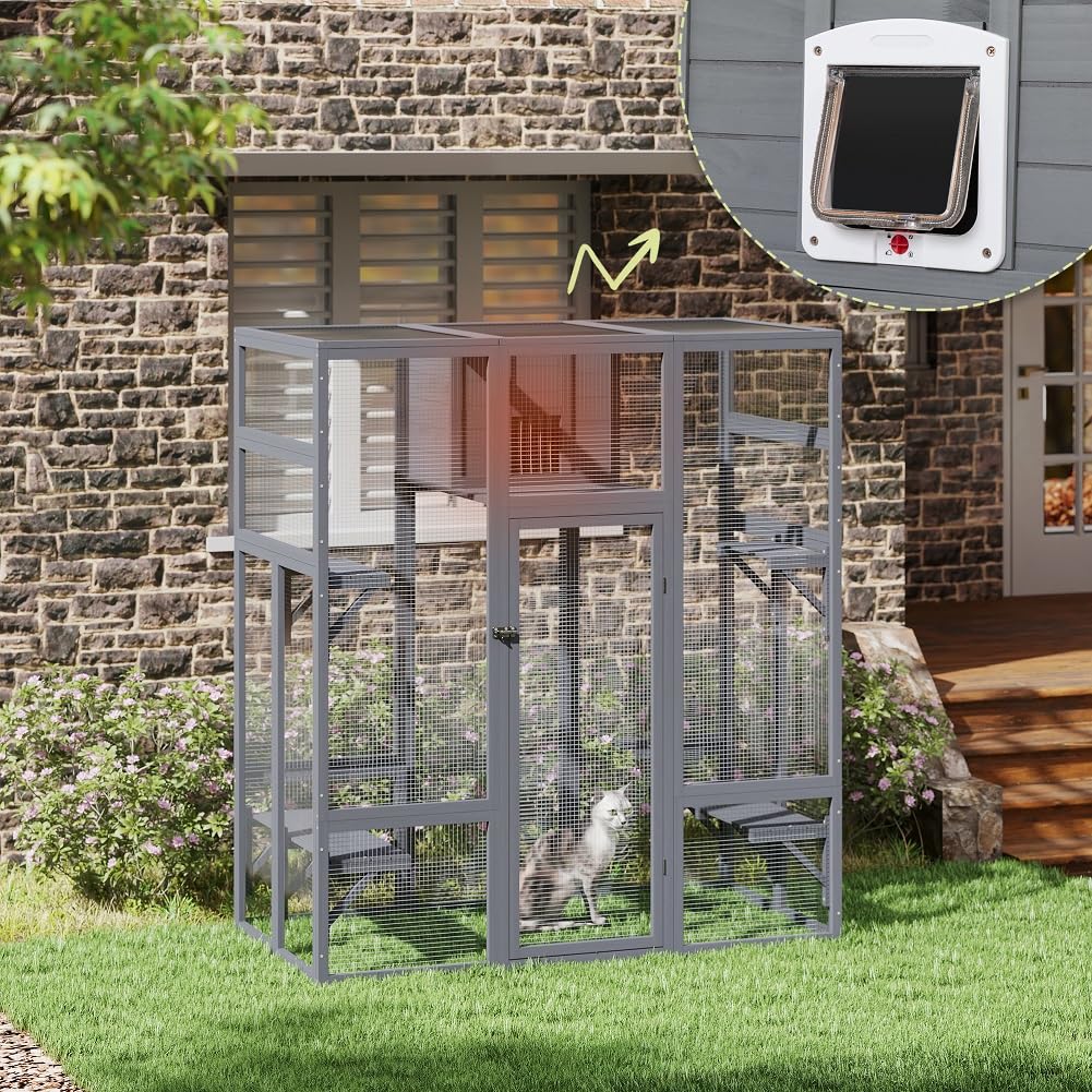 COZIWOW Upgraded Extra Large Cat Catio Equipped 4-Way Pet Door, Outdoor Wood Kitty Cage House with Insulation Condo, Patio Window Attach Cat Enclosure Playpen w/Weatherproof PVC Cover, Gray COZIWOW