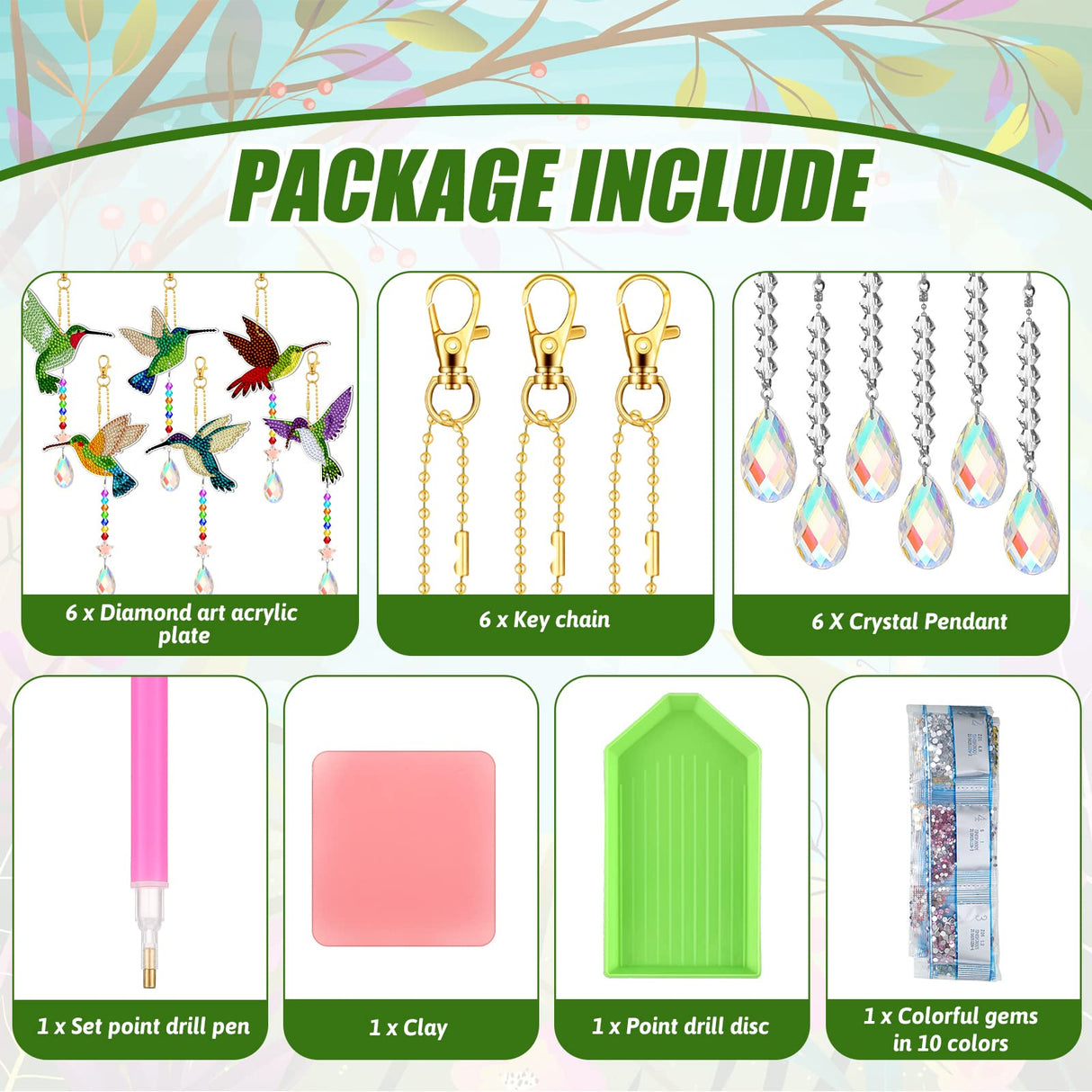 Tradder 6 Pcs Diamond Art Painting Rhinestone Hummingbird Wind Chimes Birds Art Kits for Adults Diamond Summer Decor Suncatchers Double Sided 5d DIY with Crystal Pendant for Home Window Decor Garden Tradder
