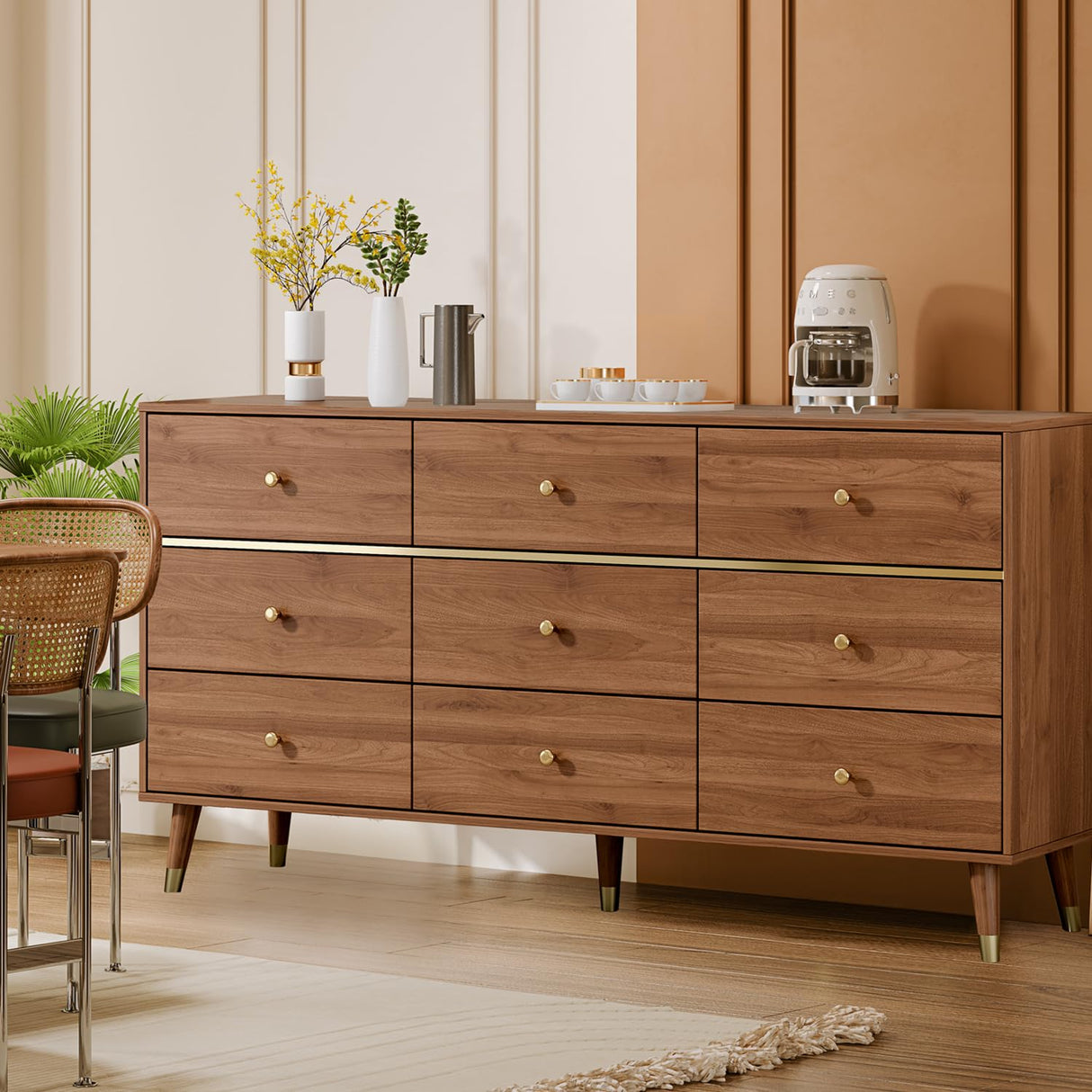 Chrangmay 9 Drawer Dresser,63" Wide Mid Century Modern Chest of Drawers,Wooden Bedroom Drawer Dresser with 9 Storage Drawers for Bedroom, Living Room,with Anti-Tipping Device,Walnut Chrangmay