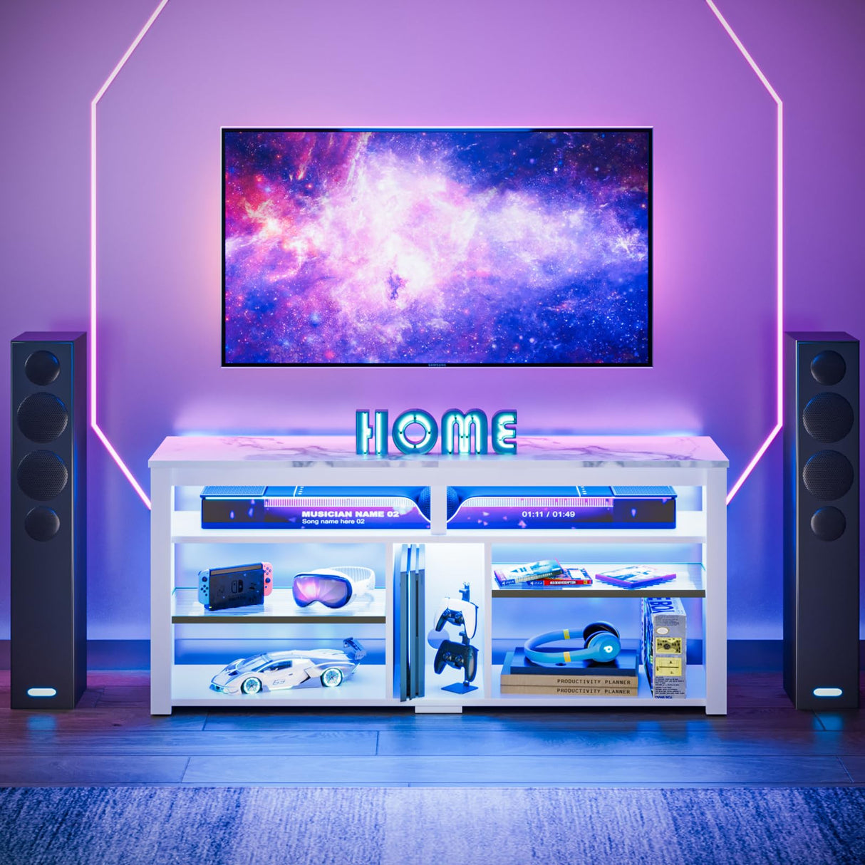 Bestier LED Tall Entertainment Center, 55 inch TV Stand for 55/60/65 inch TV, TV Console with Storage for PS5, Media TV Cabinet with Adjustable Shelf for Living Room, White Marble Bestier