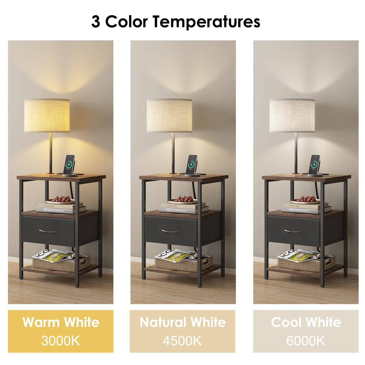 Fixwal Nightstand with LED Lights Bedside Table with 3 Color Temperatures Bulb, Tall NightStand with Charging Station End Table with Adjustable Fabric Drawer for Bedroom Dorm Fixwal