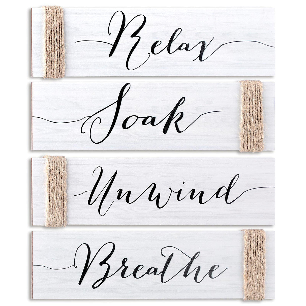 4 Pieces Farmhouse Bathroom Decor Wall Art Bathroom Sign Rustic Bathroom Decor Relax Soak Unwind Breathe Wood Sign for Home Spa Bathroom Decor, 11.8 x 3 Inch (White) Jetec