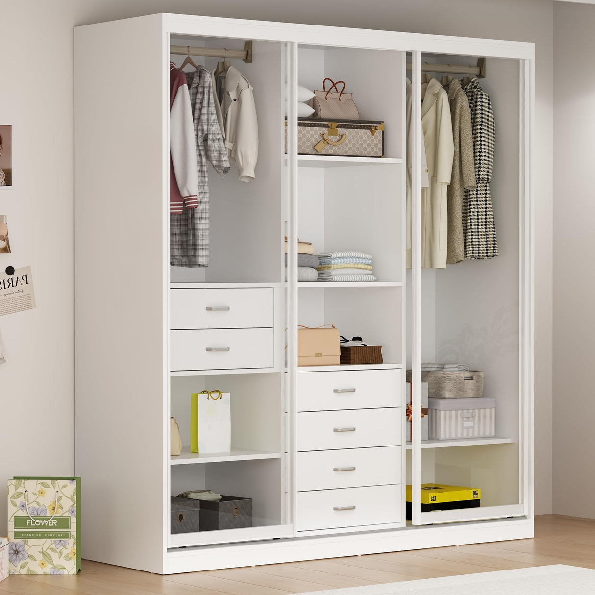 Homsee Extra Large White & Silver Sliding Glass Door Wardrobe Armoire with 2 Hanging Bars and 6 Drawers Homsee