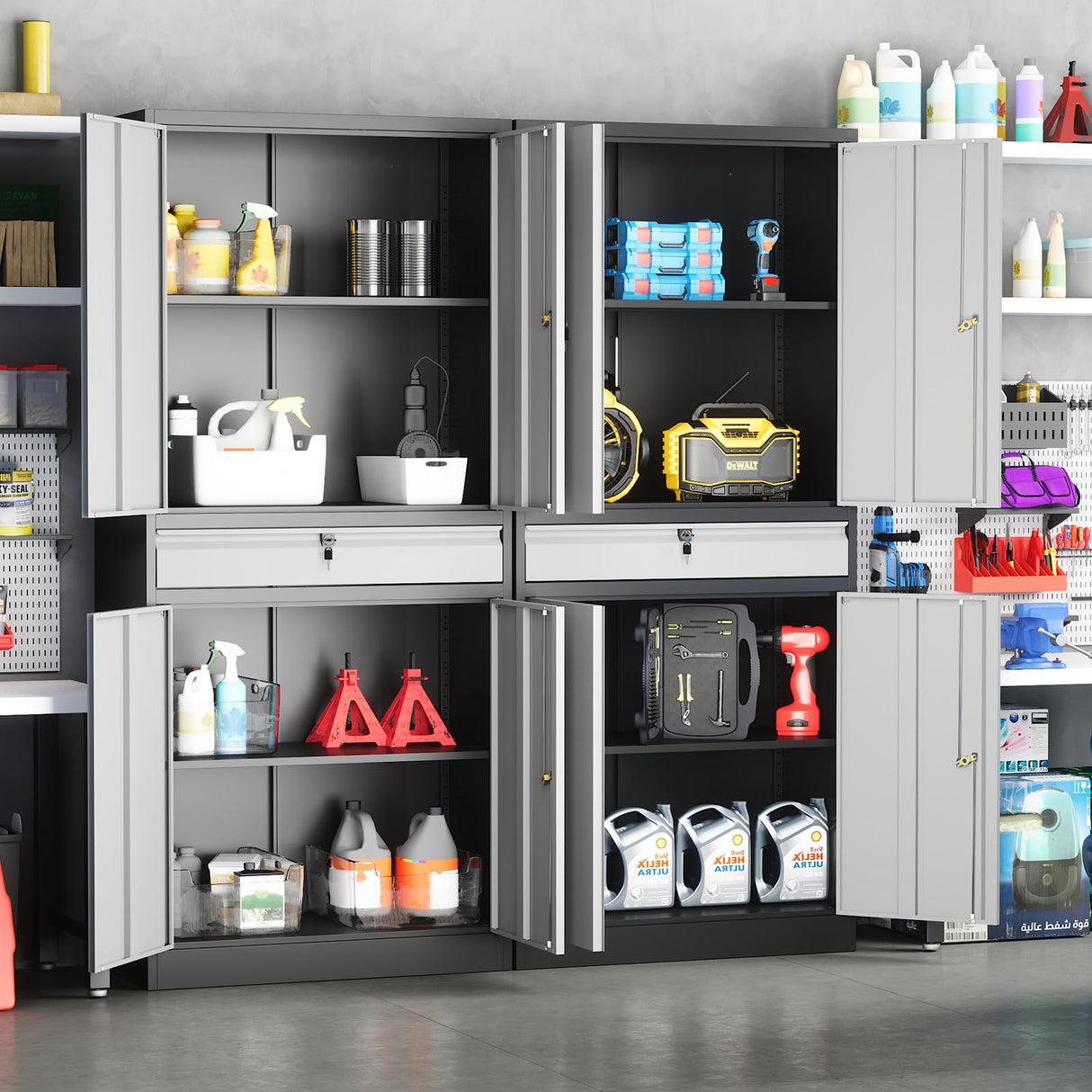 Yizosh Metal Garage Storage Cabinet with Locking Doors and Adjustable Shelves, Tool Storage Cabinet with 1 Drawer - 71" Steel Locking Cabinet for Garage, Warehouse (Gray Black) Yizosh