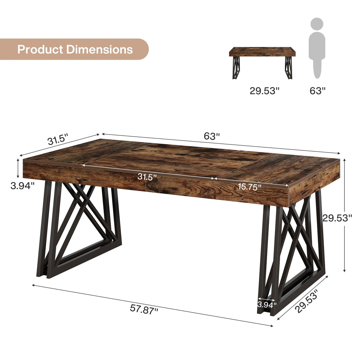 Tribesigns 63-Inch Executive Desk, Farmhouse Office Computer Desk with Sturdy X-Shaped Legs, Large Writing Table Business Furniture Workstation for Home Office, Study (Rustic Brown & Black) Tribesigns