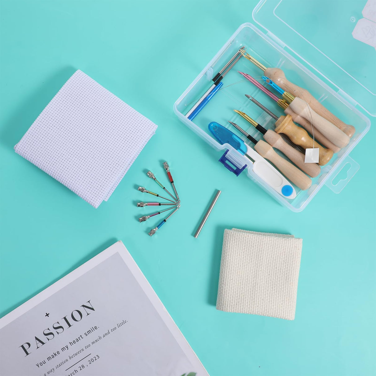 35Pcs Punch Needle Tool Embroidery Kit for Beginners - Adjustable Wooden Handle, Monks Cloth, Big Eye Needles for Adult Embroidery & Cross Stitching DIY Craft Decoration DIVINA VITAE