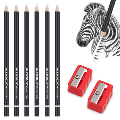 MARTCOLOR Professional Eraser Pencil Set, 6pc Eraser Pencils and 2pc Sharpener, Erasing Small Details or add Highlights for Sketching, Charcoal Drawings. Fine Detail Eraser for Beginners & Artists