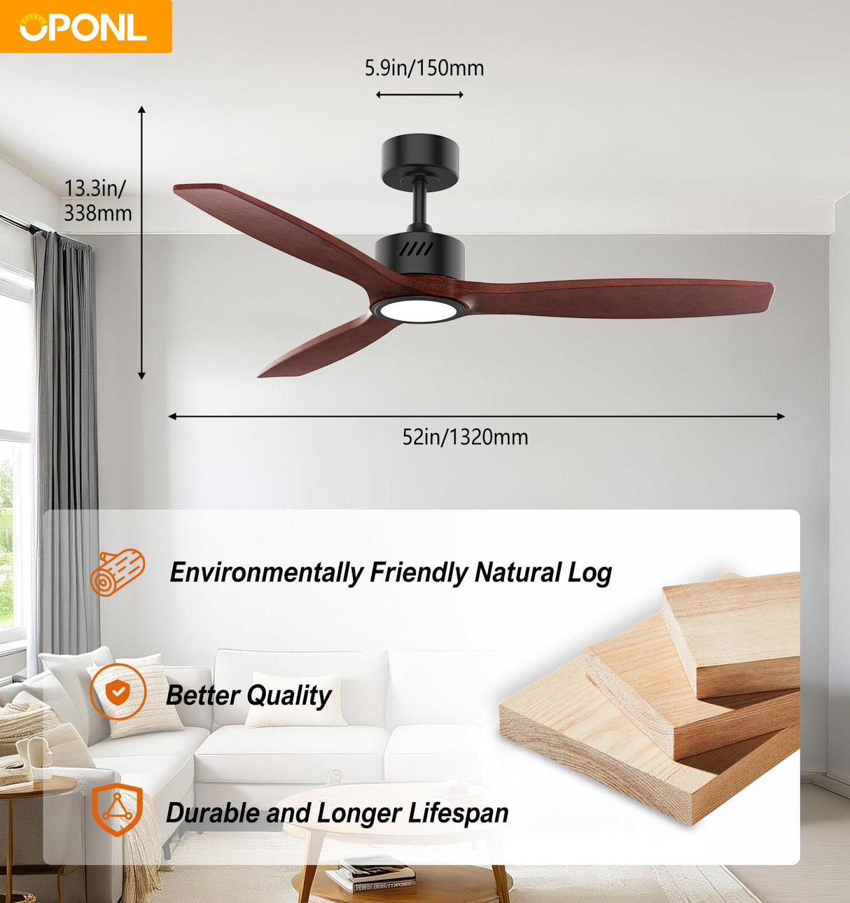 OPONL Natual Solid Wood Ceiling Fan with Light 52 Inch, Low Profile, Remote Control, Downrod Mount, Noiseless, Reversible, 6CCT, Dimmable, 6 speeds, Timeable, Ceiling Fans with Lights for Living Room OPONL