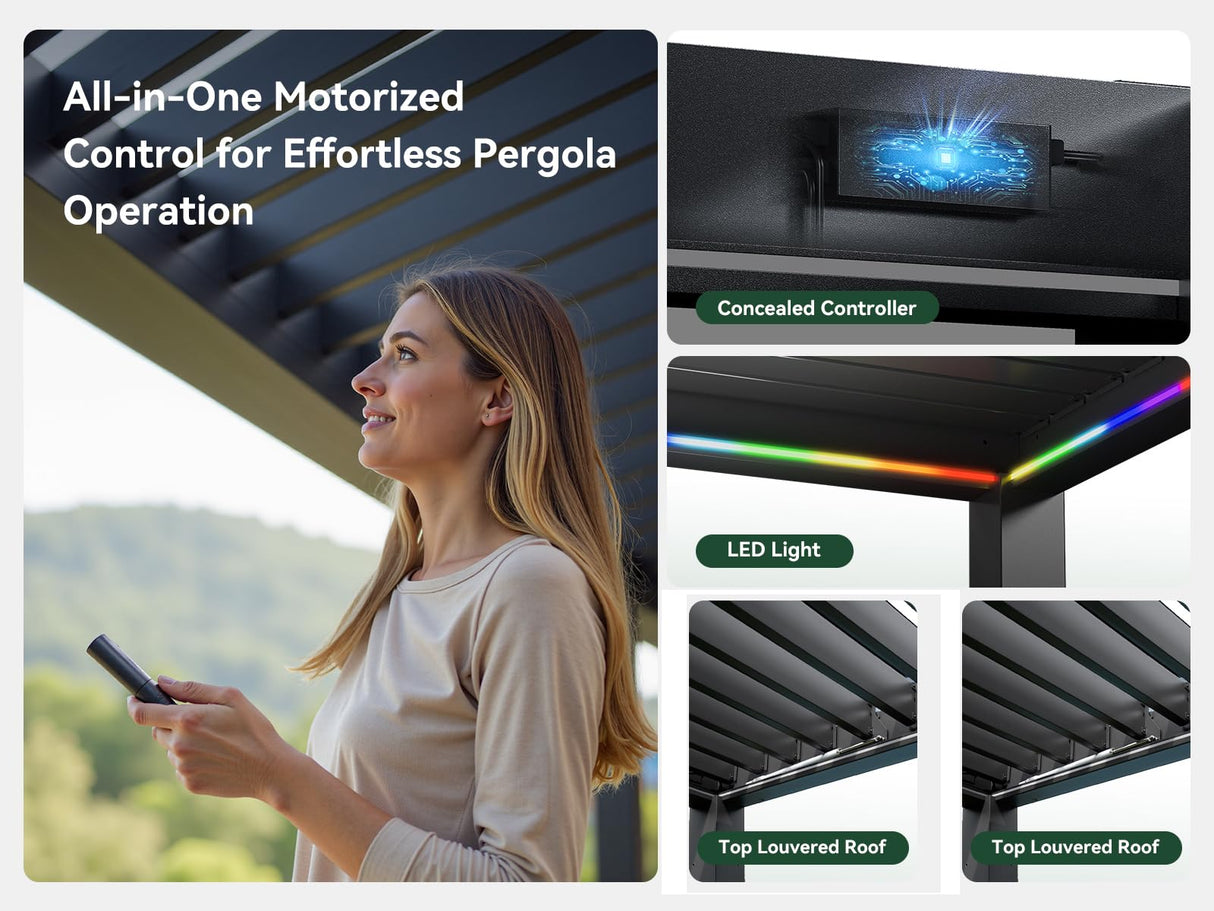 FlexPatio 13x13 FT Outdoor Motorized Louvered Pergola,Aluminum Retractable Pergola with Remote Control,Adjustable Rainproof Roof Gazebo with Drainage System and LED Light,6-inch Post FlexPATIO