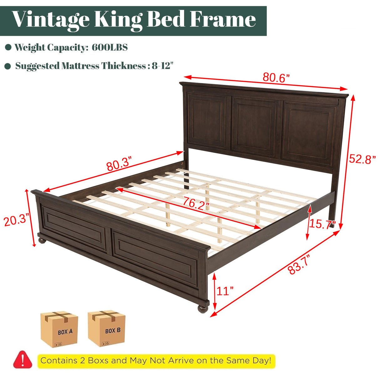 Mirightone Wood King Bed Frame with Tall Headboard and Footboard, Rustic King Panel Bed with Under Bed Storage, Farmhouse Style, Noise-Free, No Box Spring Needed, Antique Brown Mirightone