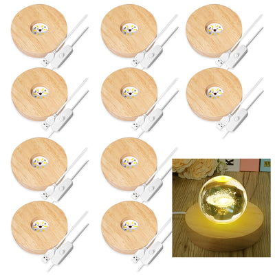 Olutacot 10 Pcs Wooden LED Display Bases Round Wood Display Lighted Bases for Glass Art LED Lighted Display Stand Bases for 3D Crystal Ball Room Office Home Decor