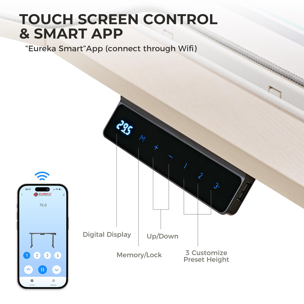 EUREKA ERGONOMIC Standing Desk,63" Electric Adjustable Height Computer Desk,Wing Shaped Music Studio Desk, LED Monitor Stands, Dual Motor&Slot, Maple EUREKA ERGONOMIC