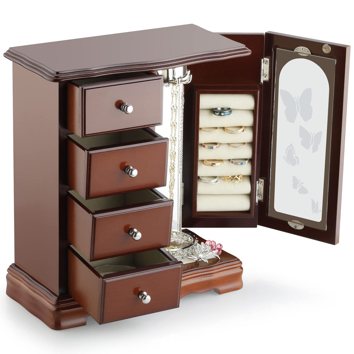 RR ROUND RICH DESIGN Jewelry Box - Made of Solid Wood with 4 Drawers Organizer and Built-in Necklace Carousel and Large Mirror Brown RR ROUND RICH DESIGN
