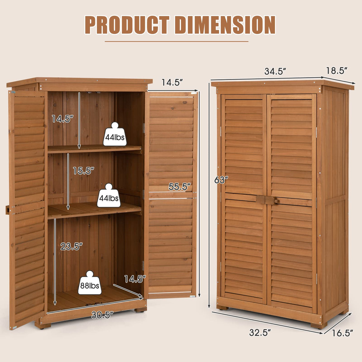 Goplus Outdoor Storage Cabinet, 63" Wood Garden Tool Shed with Double Lockable Doors, 3 Shelves and Asphalt Roof, Multipurpose Storage Shed for Patio Lawn Garden Yard, Natural Goplus