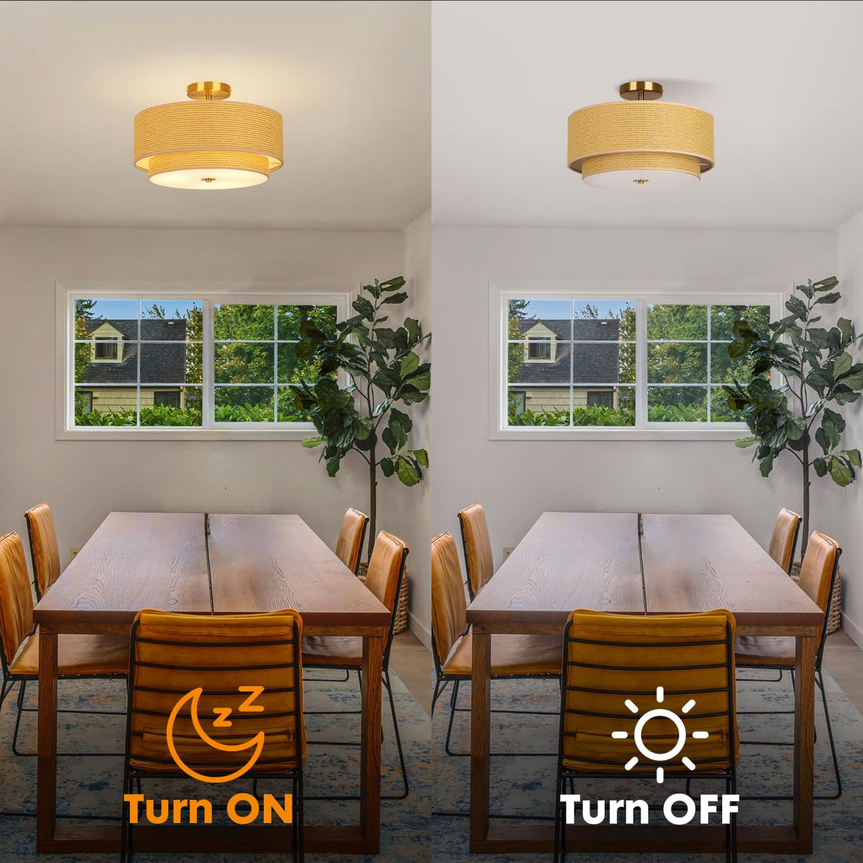 HILUXIA 16 Inch Modern Semi Flush Mount Ceiling Light Fixture, Double Rattan and Wicker Style Drum Shade, Gold Farmhouse Flush Ceiling Lamp for Bedroom, Living Room, Dining Room, Kitchen HILUXIA