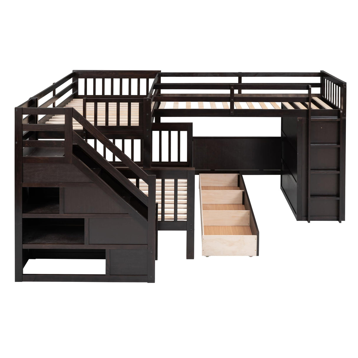 L-Shaped Bunk Bed for 4 Kids, Twin-Twin Over Full with 3 Drawers, Portable Desk and Wardrobe, Solid Wood Bedframe with Stairs and Full-Length Guardrails, No Box Spring Needed (Espresso) BEDGJH
