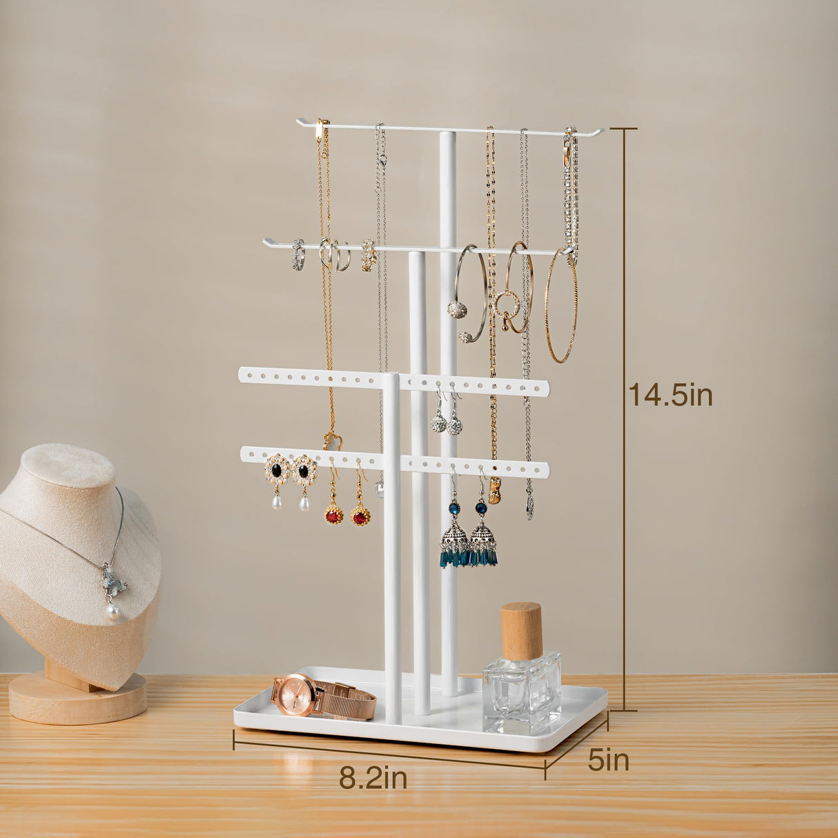 pickpiff Jewelry Stand Organizer, 14.5" Tall Sturdy Metal, 3-TierJewelry Holder for Necklace, Earring, Bracelet, Ring, Hanger for Display and Storage, Aesthetic Room Decor, White pickpiff