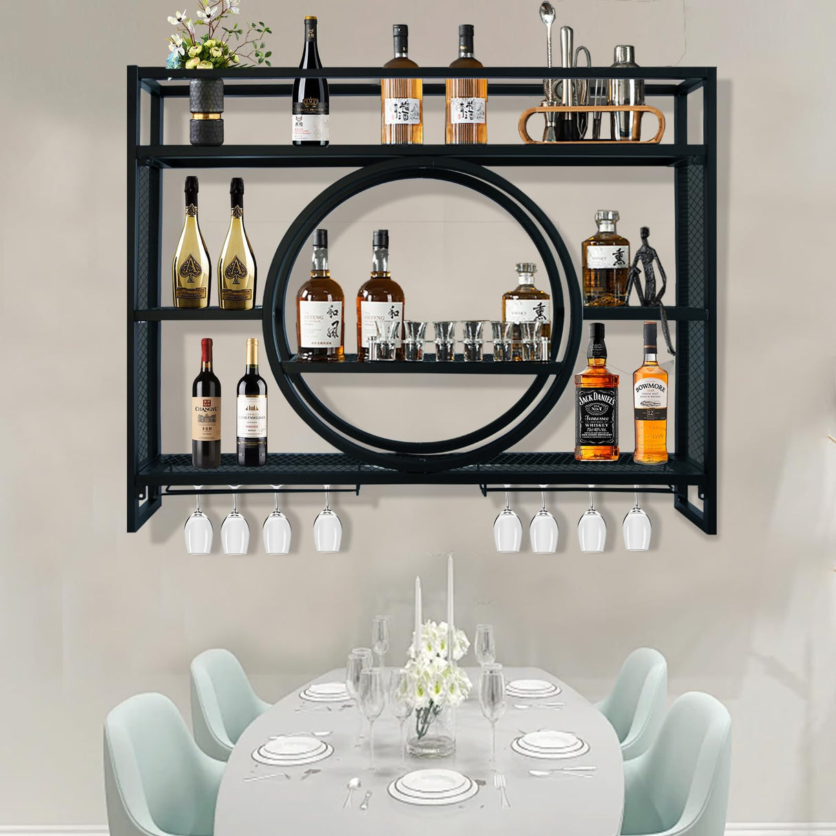 Wall Mounted Wine Rack, Hanging Metal Round Wine Rack Cabinet, Multifunctional Storage Rack, Vintage Style Wine Bottle Shelf, with Wine Glass Holder, for Home Restaurant Bars (140cm/55.1in) Hrwug