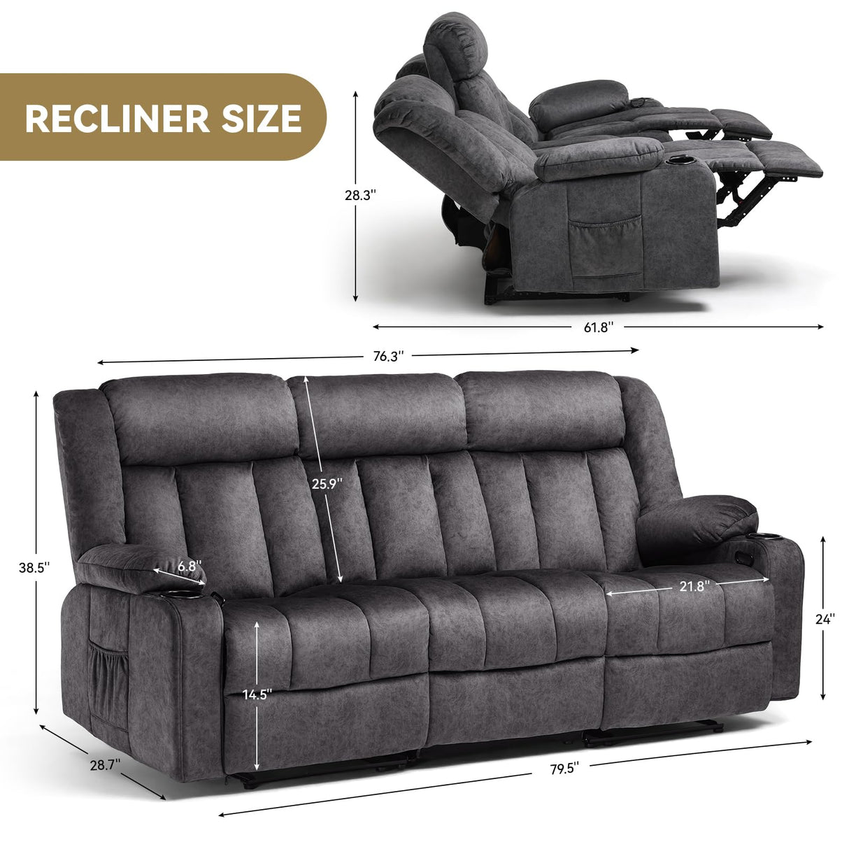 COMHOMA Manual Recliner Chair Set,Fabric Reclining Sofa Chair with Cup Holders, Upholstered Recliner with Side Pockets Suitable for Living Room Furniture (3+2+1) COMHOMA