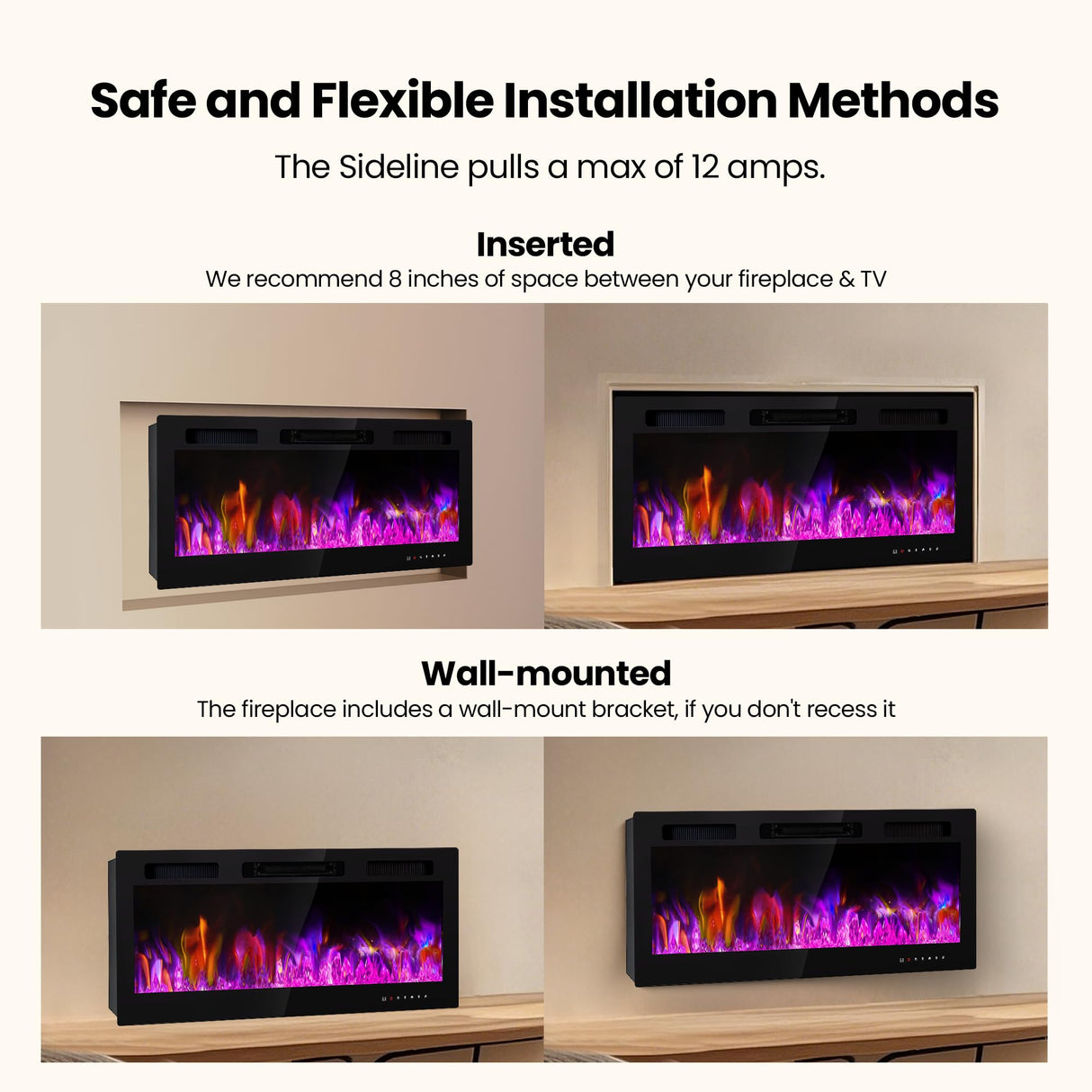 Electric Fireplace Inserts 42 Inch Wide, RealSmart Wall Mounted Fireplace 750W/1500W in-Wall Recessed Heaters with Remote Control, Timer, 12 Adjustable Color Flame & Brightness, Touch Screen RealSmart