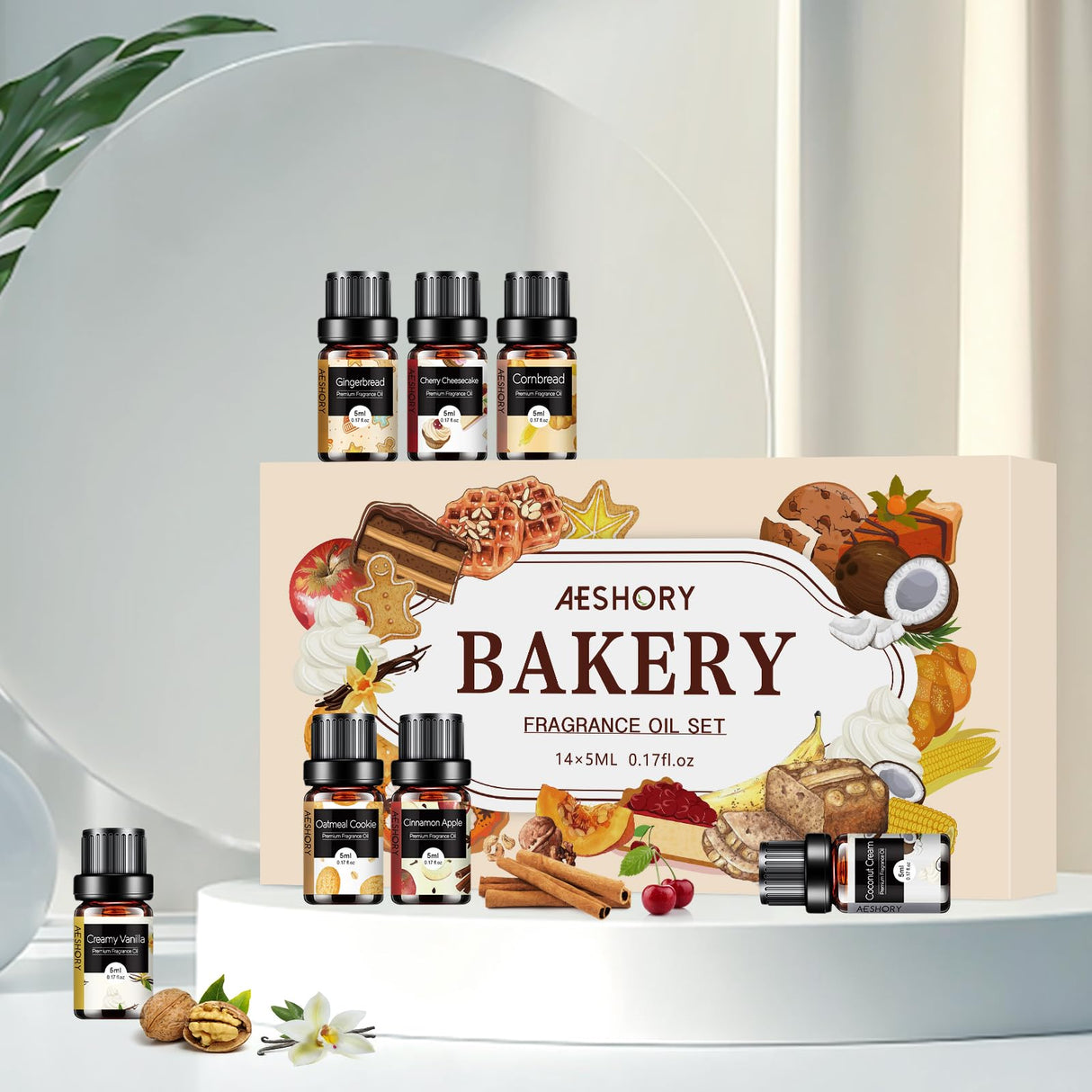 Bakery Essential Oils Set - Fragrance Oil for Diffusers, Candle Making - Pumpkin Pie, Coffee Cake, Oatmeal Cookie, Gingerbread, Cinnamon Apple Aromatherapy Scented Oils (5ml) Aeshory