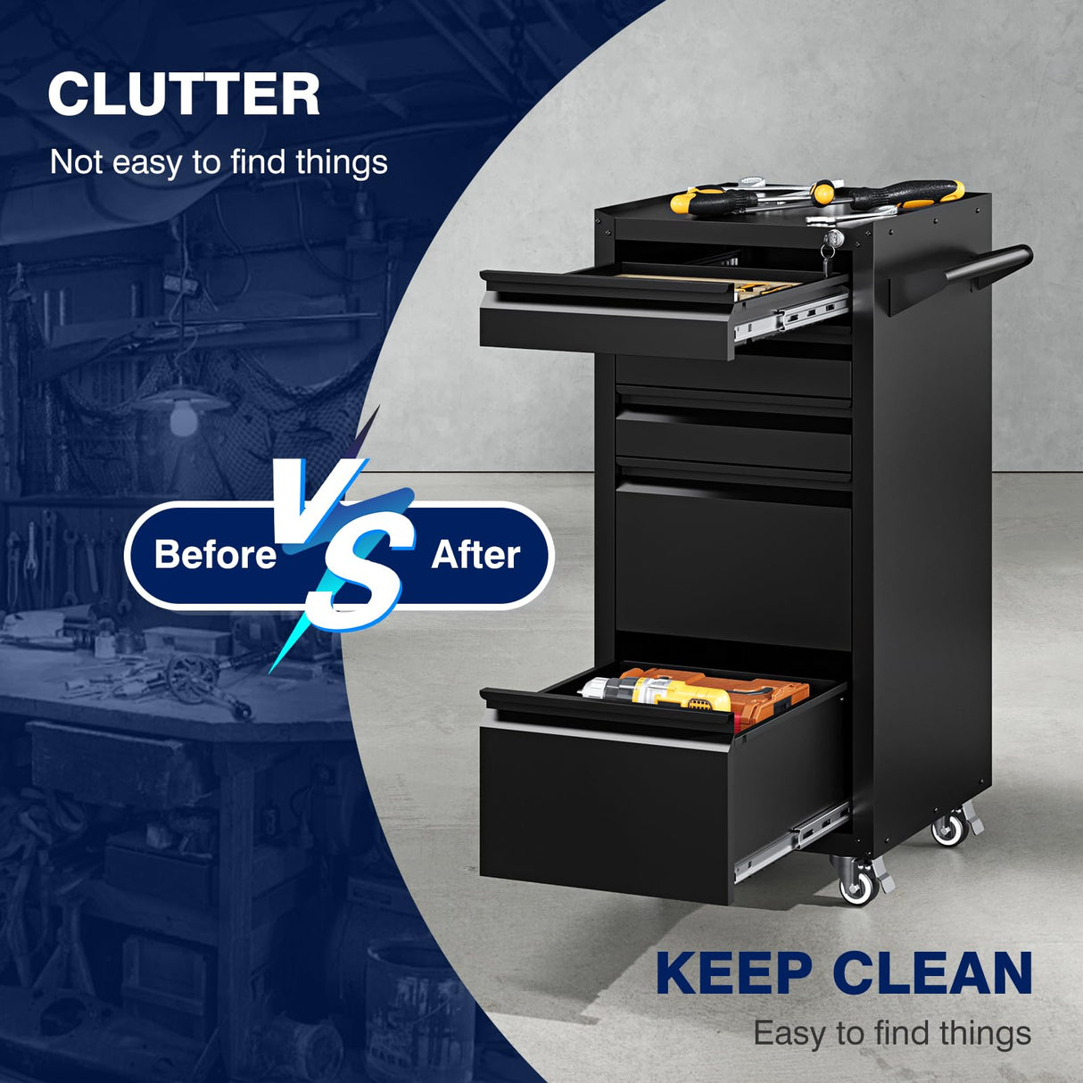 Yizosh 5-Drawer Metal Tool Storage Cabinet with Wheels,Rolling Tool Chest with Drawer and Locking Keys,Heavy Duty Tool Storage Organizer for Garage,Warehouse,Workshop Yizosh