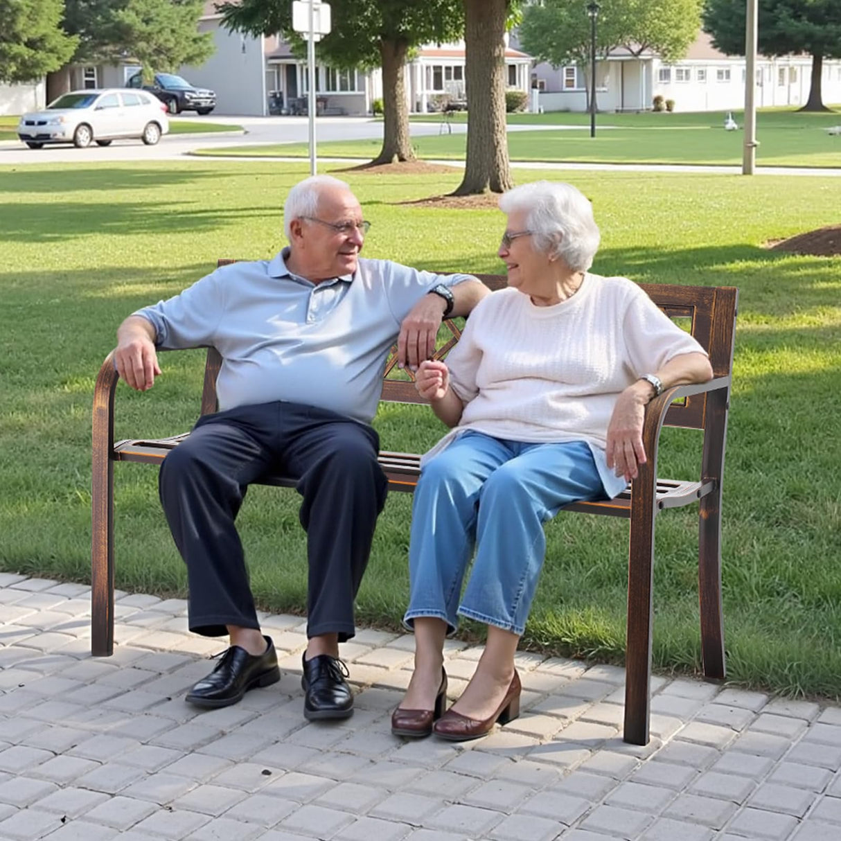 VEVOR Outdoor Bench, 46 inch, Carbon Steel Metal Frame with PVC Mesh Pattern Backrest and Round Edge Armrests, Weatherproof Outside Bench for Patio, Garden, Park, Yard, Front Porch, Antique Bronze VEVOR