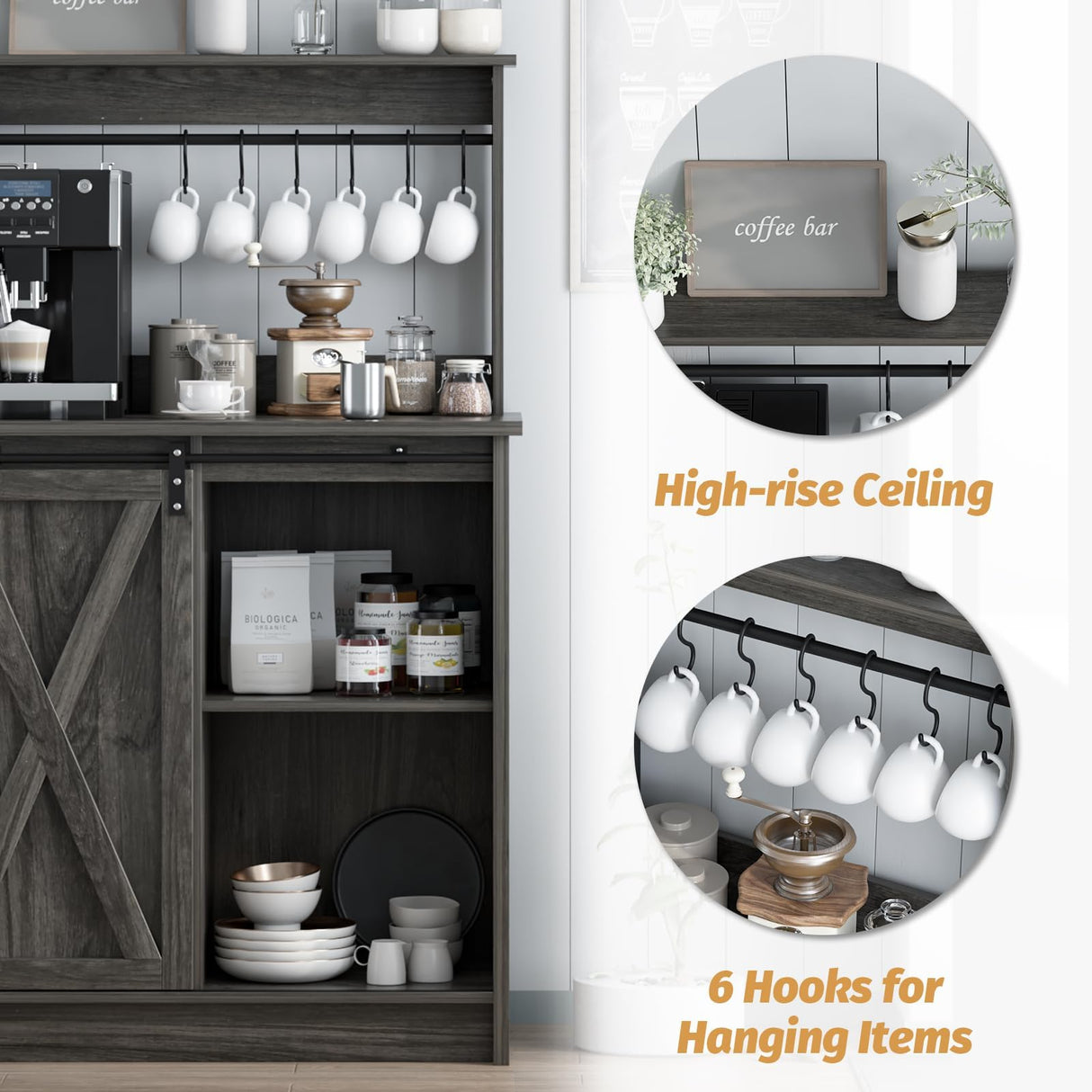 4ever2buy Farmhouse Coffee Bar Cabinet with Storage, Gray Coffee Bar with 6 Hooks, Coffee Bar Table with Sliding Barn Door, Wine Bar Cabinet with Adjustable Shelf for Living Dining Room 4ever2buy