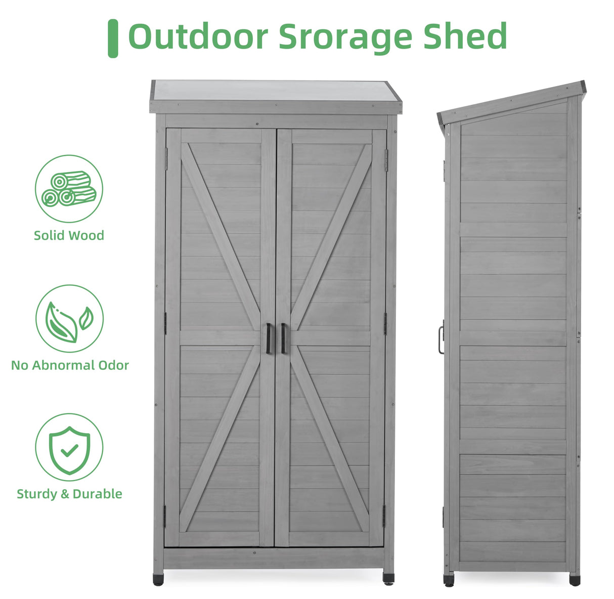 68''x33''x20'' Outdoor Wooden Storage Shed with Metal Top Tall Vertical Tool Cabinet for Backyard Garden Patio Lawn (Grey) Mederlo