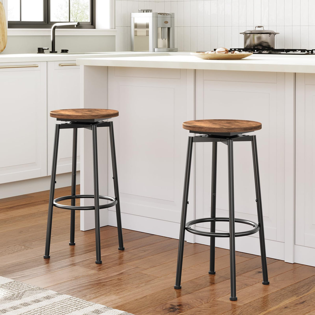 HOOBRO Bar Stools, Swivel Bar Stools Set of 2, 24.9" Round Bar Chairs, Backless Modern Breakfast Chairs, with Adjustable Feet, for Kitchen Islands, Bar, Cafe, Rustic Brown and Black BF24BY01 HOOBRO
