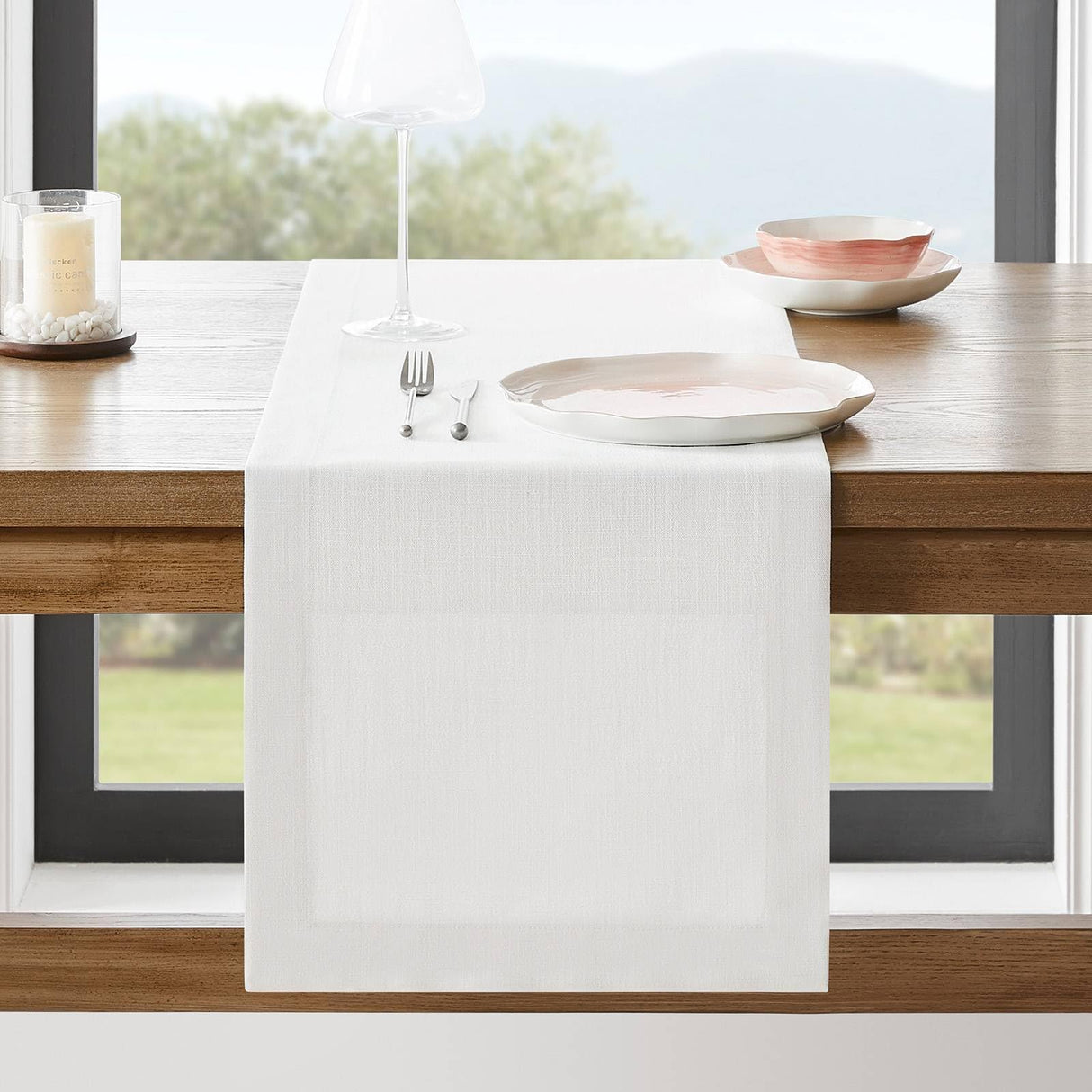 ZeeMart Linen Textured Border Table Runner, 14 x 72 Inch White, Farmhouse Style White Table Runners 72 Inches Long, Easy Care Everyday Polyester Table Runner ZeeMart