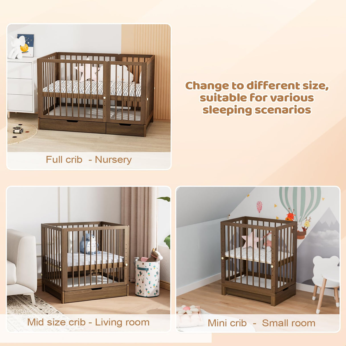 JOYMOR 8-in-1 Convertible Crib with Drawer, Include 2" Mattress, Convert from Mini Crib, Mid Crib to Full Crib, 8 Height Adjustable, Undercrib Storage Drawers (Honey Wood) JOYMOR