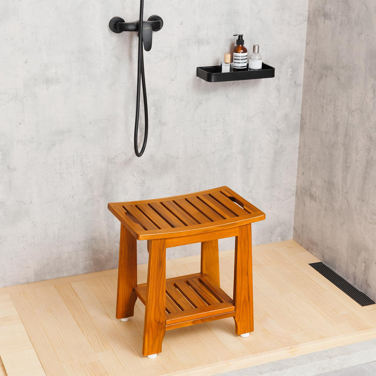 Teak Shower Bench Seat with Handle 14 Inch/Teak Wood Shower Stool with Shelf/Wooden Bathroom Spa Bathing Stool/Waterproof Teak Shower Stool/Indoor and Outdoor Use,Patented Design. NNN