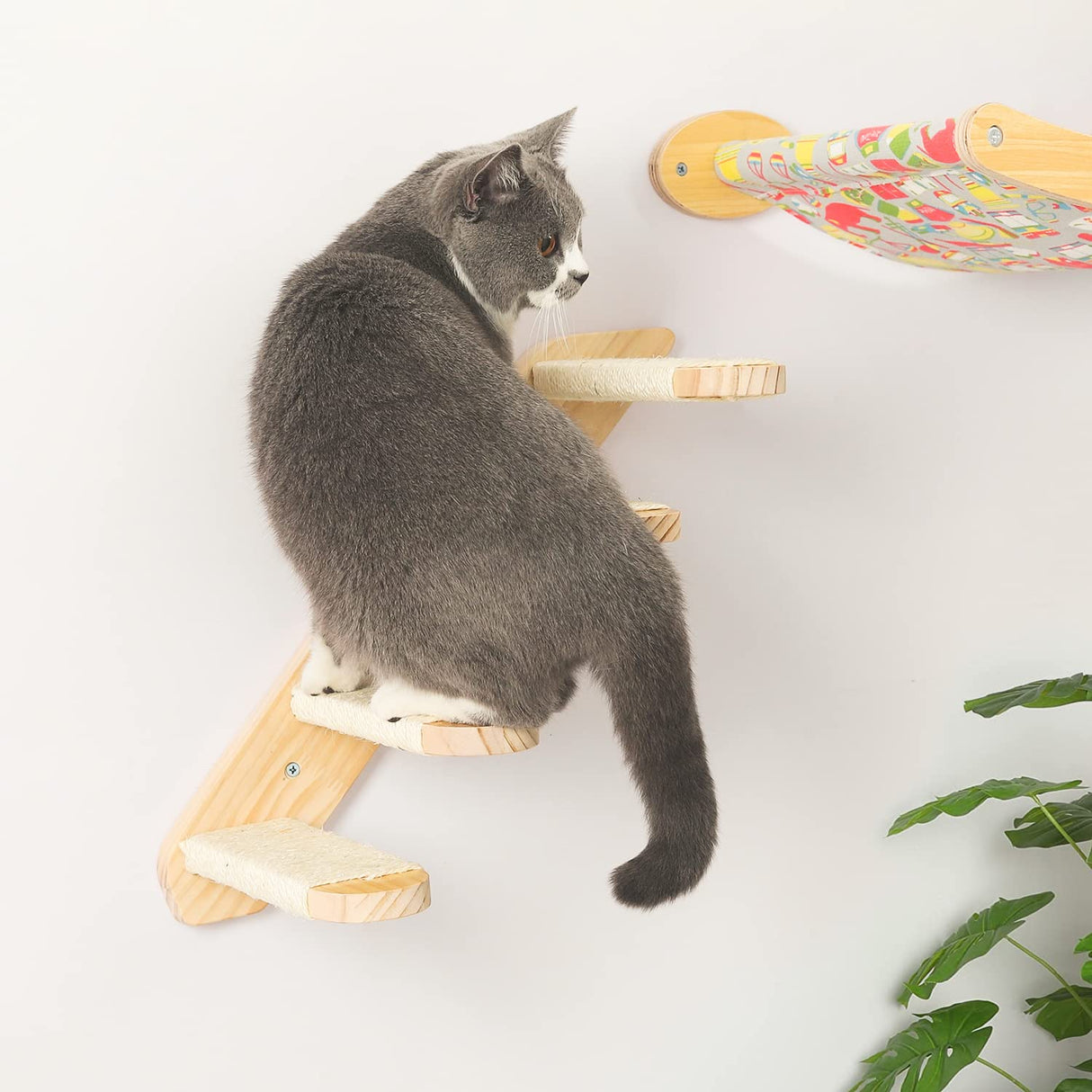 Cat Wall Steps Shelves Cat Climbing Shelf Reversible Wall Mounted, Wooden Four Step Cat Stairway with Scratching Sisal Rope for Cats Perch Platform Supplies Large Cats Scratching Post Activity Tree Erhalithegro