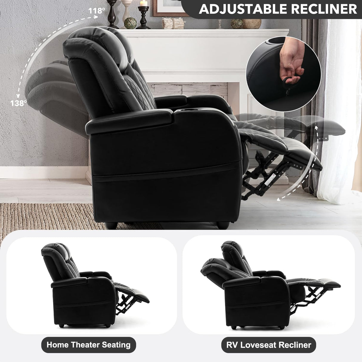 AZXZCS 57" RV Loveseat Recliner Sofa, Home Theater Seating with 3 Arms and 2 Pillows, Wall Hugger Recliners & 135° Reclining Couch (Black PU Leather Furniture) AZXZCS