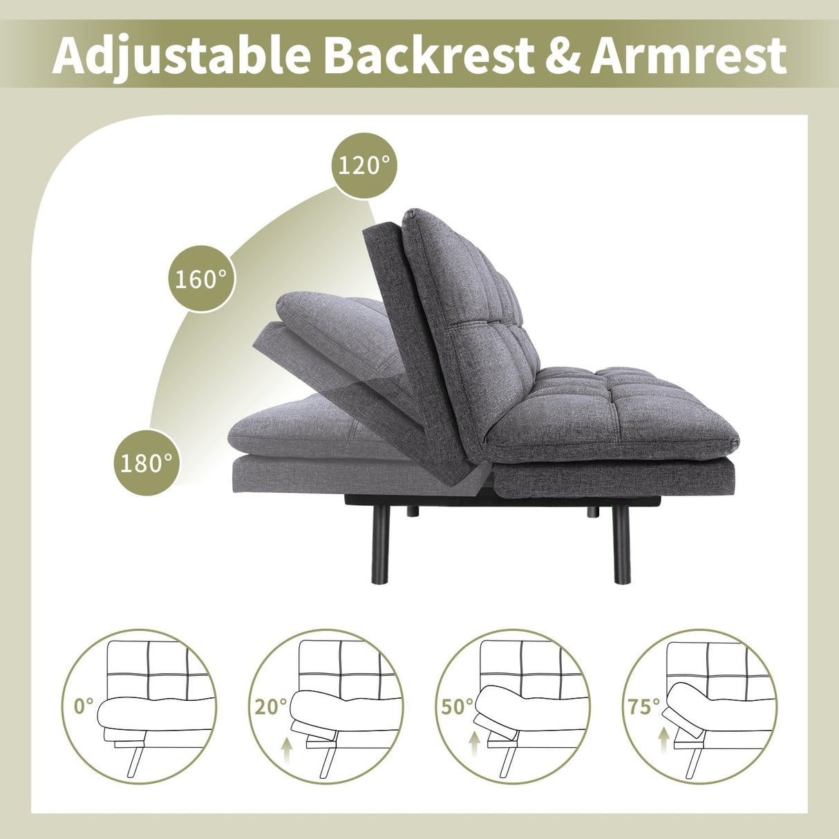 Vipbear 71" Futon Sofa Bed - Convertible Sofa Beds/Adjustable Backrest & Armrest,Detachable Cushion, Loveseat Sleeper for Small Spaces, Apartments & Offices, Grey Futons Vipbear