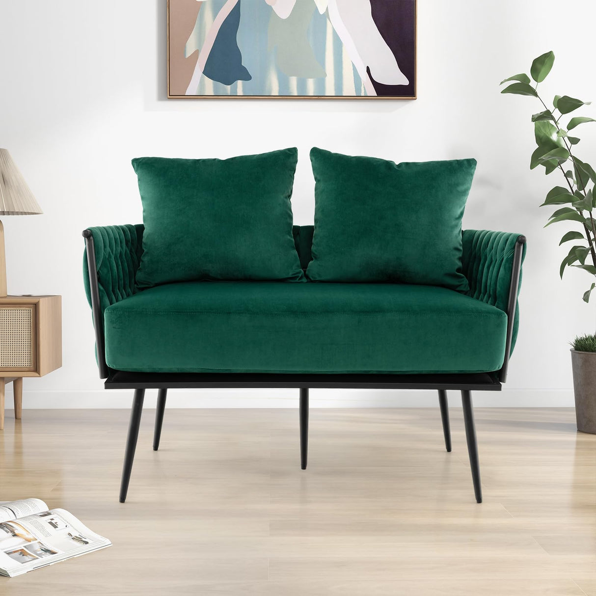 Giantex Loveseat Sofa, Upholstered 2 Seat Sofa Couch with Dutch Velvet, Woven Back and Arms, 2 Pillows, Removable Padded Cushion, 5 Solid Metal Legs, for Living Room Apartment Reception Room (Green) Giantex