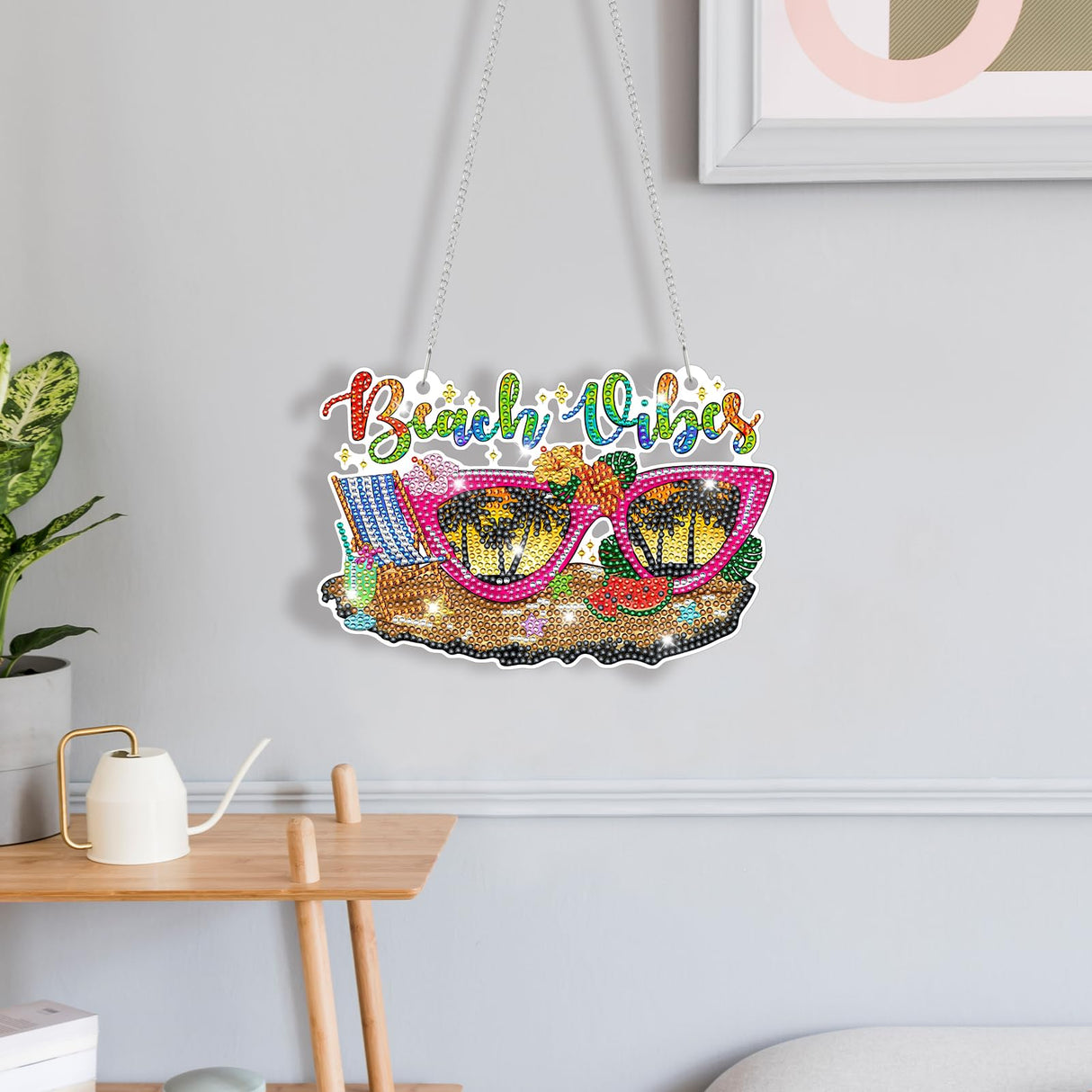 Burbell 3 Pcs Diamond Summer Beach Painting Kits Sunglasses Smoothie Diamond Art Hanging Ornament Sign DIY Painting Art Kits for Summer Adult Window Door Wall Decorations Burbell