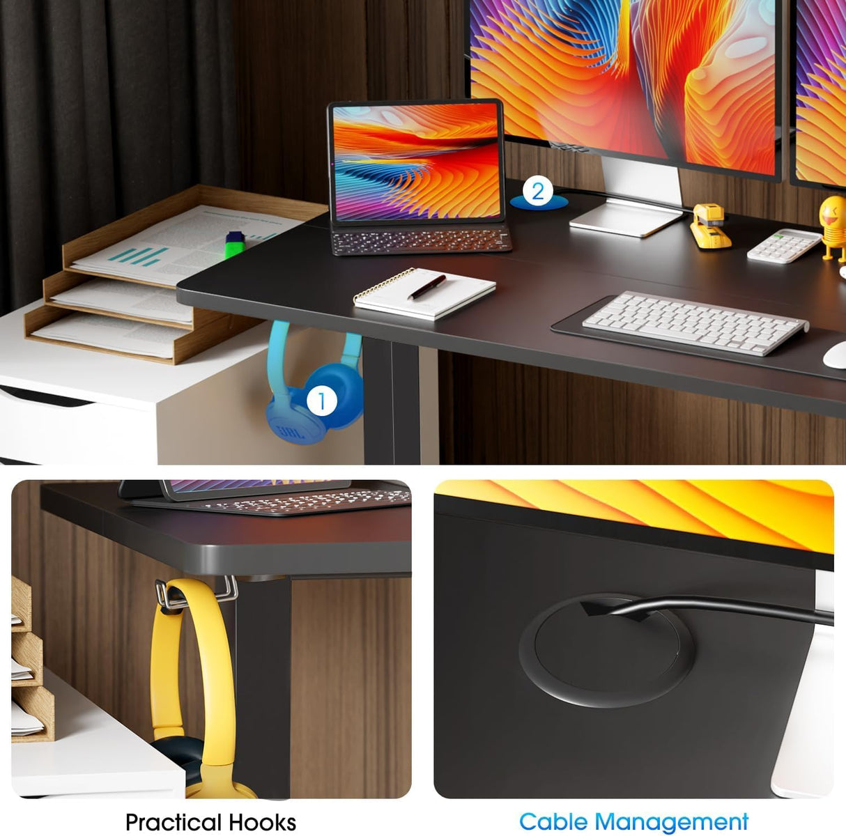 BLKMTY Electric Standing Desk Adjustable Height Computer Desk 24"x40" Home Office Desk Ergonomic Raising Desk Sit Stand Desk with Headphone Hook 20db Noiseless Lifting Desk for Adult, Black BLKMTY